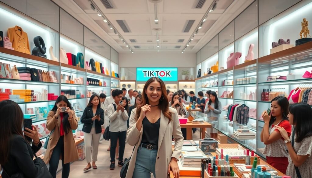 A bustling TikTok influencer shop, showcasing a vibrant array of products. In the foreground, a stylishly dressed influencer demonstrates the latest trends, surrounded by meticulously curated shelves displaying an eclectic mix of fashion, beauty, and lifestyle items. The middle ground features a group of engaged customers, capturing content and interacting with the influencer, while the background reveals a sleek, modern interior design with minimalist accents and strategically placed lighting that creates a warm, inviting atmosphere. The scene conveys a sense of energy, authenticity, and the seamless integration of social media and e-commerce, highlighting the immersive and engaging nature of influencer-driven shopping experiences.