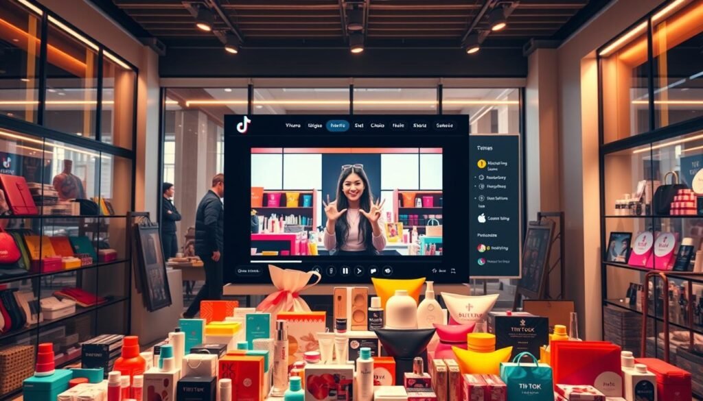 A bustling TikTok-inspired virtual storefront, lit by warm, natural lighting that streams through large windows. The foreground showcases a variety of colorful, eye-catching products arranged in a visually appealing display, enticing potential customers. The middle ground features a live video stream of an energetic influencer demonstrating the products, captivating the audience. In the background, a sleek, minimalist interface with intuitive navigation tools and social media integration, creating a seamless shopping experience. The overall atmosphere exudes a sense of excitement, connectivity, and the promise of a successful, engaging live shopping event.