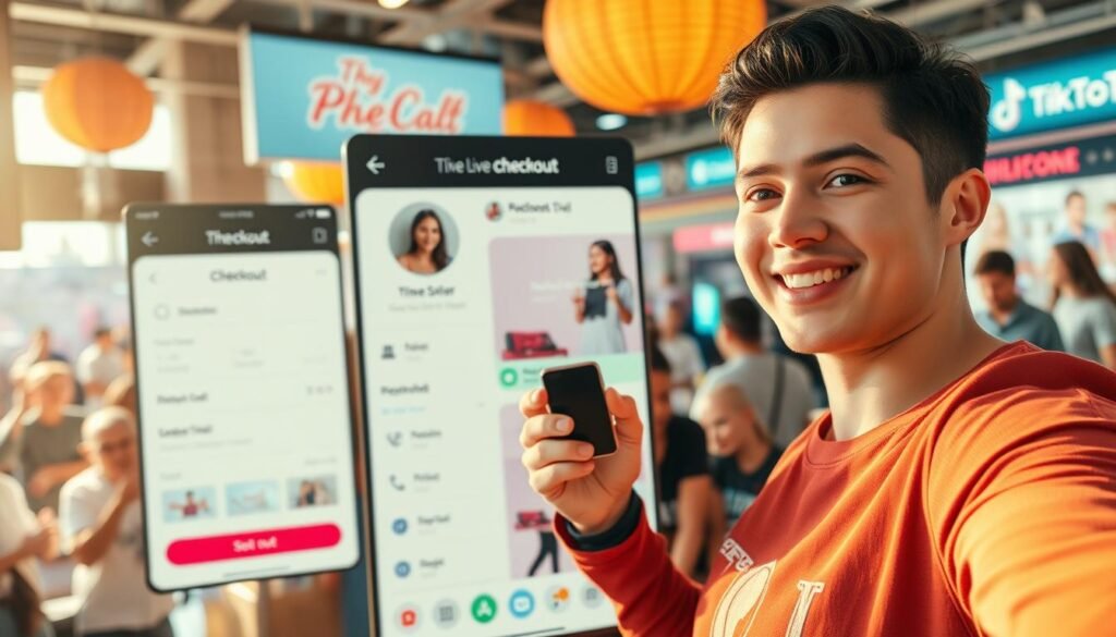 A bustling TikTok live stream interface, showcasing a vibrant e-commerce setting. In the foreground, a friendly host demonstrates a product, captured with a cinematic medium shot and warm, natural lighting. The middle ground features a clean, modern checkout process, with intuitive UI elements and a seamless user experience. The background depicts a dynamic, visually engaging live chat, with viewers enthusiastically engaging and interacting. The overall scene conveys a sense of energy, accessibility, and the seamless integration of live entertainment and online shopping. A bustling TikTok live stream interface, showcasing a vibrant e-commerce setting. In the foreground, a friendly host demonstrates a product, captured with a cinematic medium shot and warm, natural lighting. The middle ground features a clean, modern checkout process, with intuitive UI elements and a seamless user experience. The background depicts a dynamic, visually engaging live chat, with viewers enthusiastically engaging and interacting. The overall scene conveys a sense of energy, accessibility, and the seamless integration of live entertainment and online shopping.