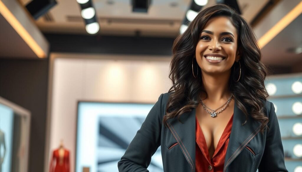 A charismatic, energetic host stands confidently in a sleek, well-lit studio. Dressed in a stylish, trendy outfit, they command the attention of the audience with a warm, engaging presence. The lighting is soft and flattering, casting a gentle glow that highlights the host's features. The background is a simple, neutral set design, allowing the host to be the focal point. The camera captures the host from a slightly low angle, emphasizing their authority and confidence. The overall atmosphere is professional, polished, and inviting, perfectly suited for a live shopping experience. A charismatic, energetic host stands confidently in a sleek, well-lit studio. Dressed in a stylish, trendy outfit, they command the attention of the audience with a warm, engaging presence. The lighting is soft and flattering, casting a gentle glow that highlights the host's features. The background is a simple, neutral set design, allowing the host to be the focal point. The camera captures the host from a slightly low angle, emphasizing their authority and confidence. The overall atmosphere is professional, polished, and inviting, perfectly suited for a live shopping experience.