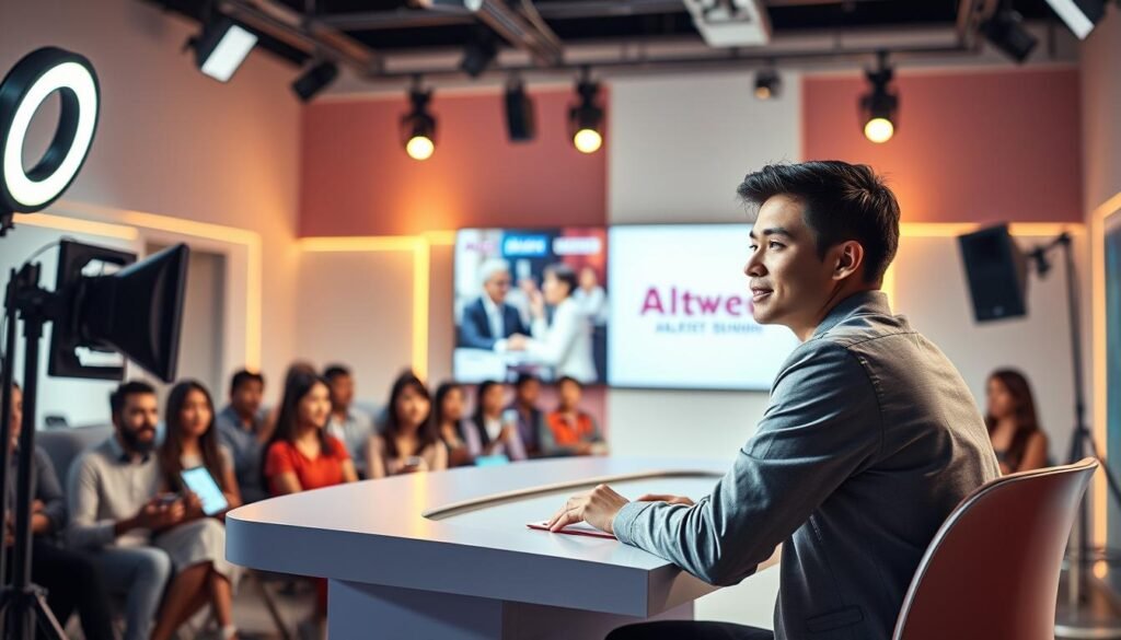 A dynamic live streaming scene with a vibrant, professional setup. In the foreground, a young, charismatic host sits at a sleek, minimalist desk, their face illuminated by a ring light. Behind them, a large, high-definition display shows the live feed, capturing the host's engaging presentation. The middle ground features a diverse audience, their faces lit by the glow of their devices as they actively participate in the stream. In the background, a clean, modern studio space with neutral colors and subtle branding elements, creating a polished and immersive atmosphere. Warm, directional lighting emphasizes the host's presence and the energy of the event, while a shallow depth of field draws the viewer's focus to the central action. The overall scene conveys a sense of professionalism, interactivity, and the transformative power of live shopping in the digital age.