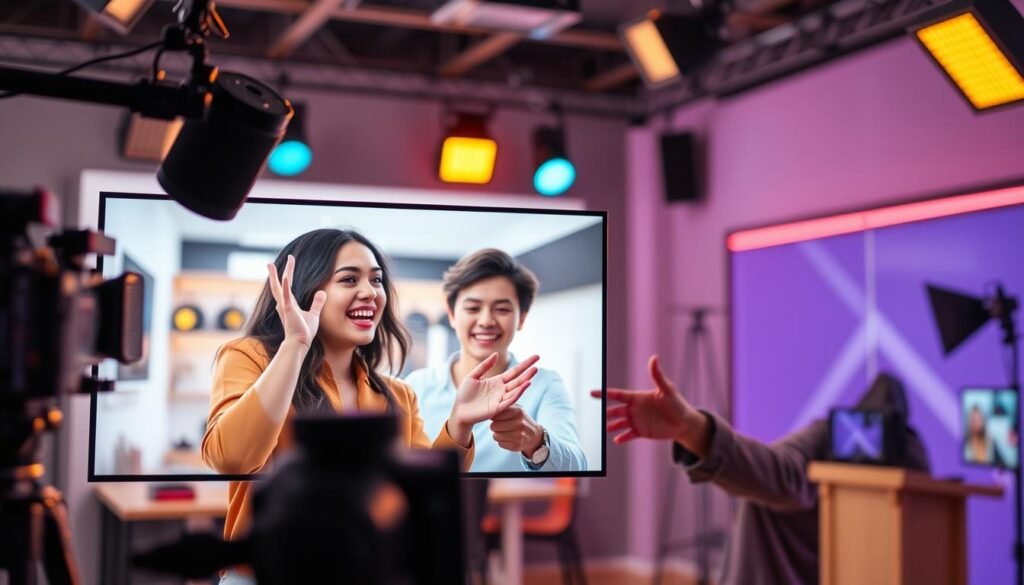 A dynamic live streaming setting featuring two content creators collaborating on-screen. Vibrant lighting illuminates their energetic expressions and natural gestures as they engage with their audience. The background is a blurred, modern studio space with sleek equipment and a professional production setup. The overall atmosphere conveys a sense of creative synergy, authentic connection, and a high-energy live entertainment experience. The image should effectively illustrate the strategic benefits of influencer collaborations for UMKM businesses leveraging live shopping on TikTok. A dynamic live streaming setting featuring two content creators collaborating on-screen. Vibrant lighting illuminates their energetic expressions and natural gestures as they engage with their audience. The background is a blurred, modern studio space with sleek equipment and a professional production setup. The overall atmosphere conveys a sense of creative synergy, authentic connection, and a high-energy live entertainment experience. The image should effectively illustrate the strategic benefits of influencer collaborations for UMKM businesses leveraging live shopping on TikTok.