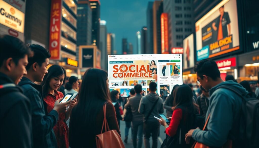 A high-contrast, wide-angle image of a bustling social commerce platform. In the foreground, a diverse group of online shoppers engaged in animated discussions, browsing products on their mobile devices. The middle ground showcases a visually striking interface with bold typography, colorful product images, and intuitive UI elements. In the background, a blurred cityscape with skyscrapers and busy streets, suggesting a thriving urban environment. The scene is illuminated by warm, natural lighting, creating a sense of energy and connectivity. The overall mood is dynamic, modern, and reflective of the vibrant social commerce landscape in Indonesia. A high-contrast, wide-angle image of a bustling social commerce platform. In the foreground, a diverse group of online shoppers engaged in animated discussions, browsing products on their mobile devices. The middle ground showcases a visually striking interface with bold typography, colorful product images, and intuitive UI elements. In the background, a blurred cityscape with skyscrapers and busy streets, suggesting a thriving urban environment. The scene is illuminated by warm, natural lighting, creating a sense of energy and connectivity. The overall mood is dynamic, modern, and reflective of the vibrant social commerce landscape in Indonesia.