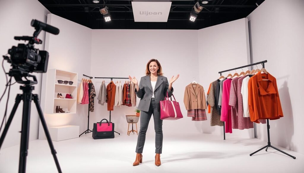 A live shopping scene set in a modern e-commerce studio. On a minimalist white set, a confident presenter in chic attire stands before a high-definition camera, gesturing enthusiastically while showcasing a carefully curated selection of trending products. Soft, diffused lighting accentuates the presenter's features and highlights the vibrant colors and textures of the merchandise. The scene conveys a sense of energy, engagement, and a seamless shopping experience, drawing the viewer in as an active participant in the live e-commerce event.
