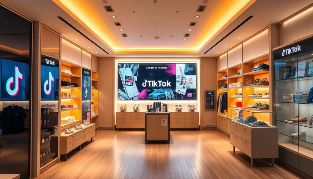 A modern, inviting TikTok shop interior with a seamless, interactive layout. Warm, diffused lighting illuminates the space, casting a soft glow on the featured products. Clean, minimalist shelving and display units showcase a curated selection of items, while a central video screen showcases the latest trends and live shopping experiences. The atmosphere exudes a sense of digital accessibility and community, drawing in curious consumers to explore, engage, and discover the potential of social commerce on the platform.