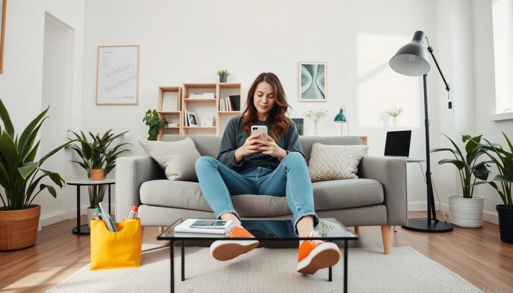 A modern, minimalist office space with clean lines and natural light, featuring an influencer sitting on a couch, casually interacting with a smartphone and surrounded by various social media platforms and digital devices. The influencer has a relaxed, approachable demeanor, embodying the authenticity and relatability that appeals to their audience. The overall atmosphere conveys a sense of effortless social commerce, where the influencer seamlessly integrates branded products and services into their online presence. The scene is shot with a wide-angle lens, capturing the influencer's workspace and the tools they use to engage with their community. A modern, minimalist office space with clean lines and natural light, featuring an influencer sitting on a couch, casually interacting with a smartphone and surrounded by various social media platforms and digital devices. The influencer has a relaxed, approachable demeanor, embodying the authenticity and relatability that appeals to their audience. The overall atmosphere conveys a sense of effortless social commerce, where the influencer seamlessly integrates branded products and services into their online presence. The scene is shot with a wide-angle lens, capturing the influencer's workspace and the tools they use to engage with their community.