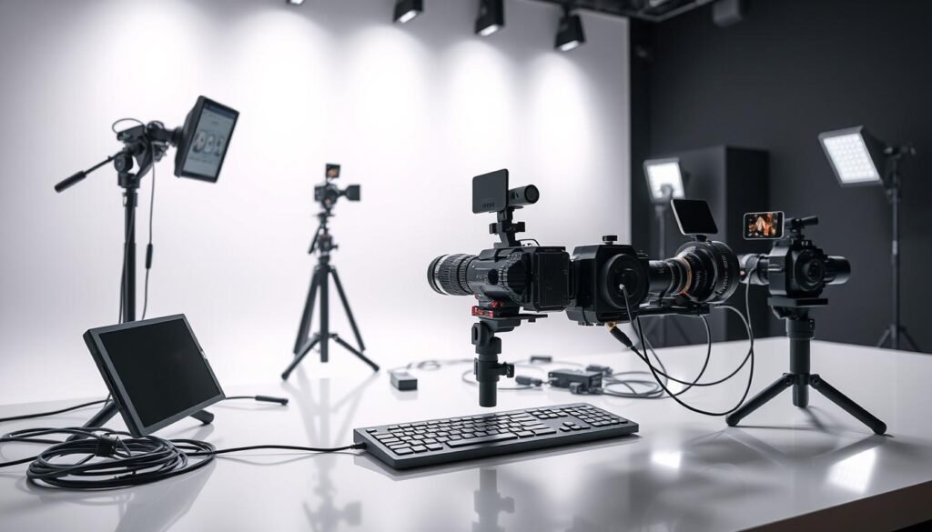 A modern, sleek live streaming setup with professional lighting, high-quality cameras, and an intuitive control panel. The scene features a minimalist, monochromatic backdrop that allows the technology to take center stage. Subtle reflections on the polished surfaces create a sense of depth and sophistication. The layout is carefully arranged to optimize the flow of the live experience, with clean cable management and ergonomic design. Overall, the image conveys a high-tech, cutting-edge aesthetic that would be well-suited for a marketing campaign targeting small businesses looking to elevate their online presence.