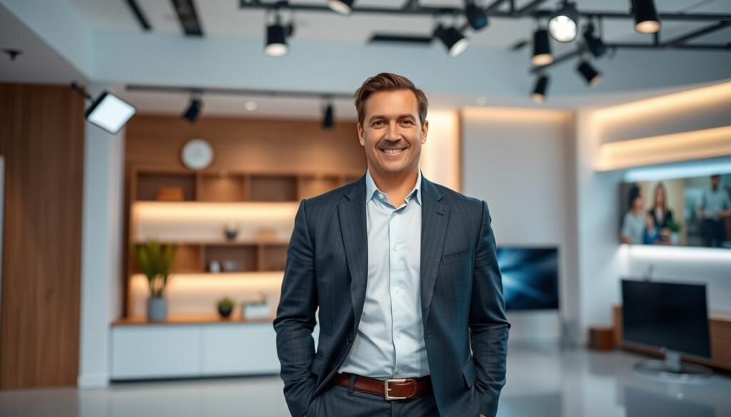 A professional-looking host standing confidently in a modern, well-lit studio setting. The host is dressed smartly in a tailored suit, exuding an authoritative yet approachable demeanor. The lighting is soft and flattering, creating a warm, inviting atmosphere. The background features clean, minimalist decor that complements the host's appearance without distracting from their presence. The camera angle is slightly low, emphasizing the host's confidence and command of the space. Overall, the image conveys a sense of professionalism, expertise, and the host's ability to engage and captivate their audience.