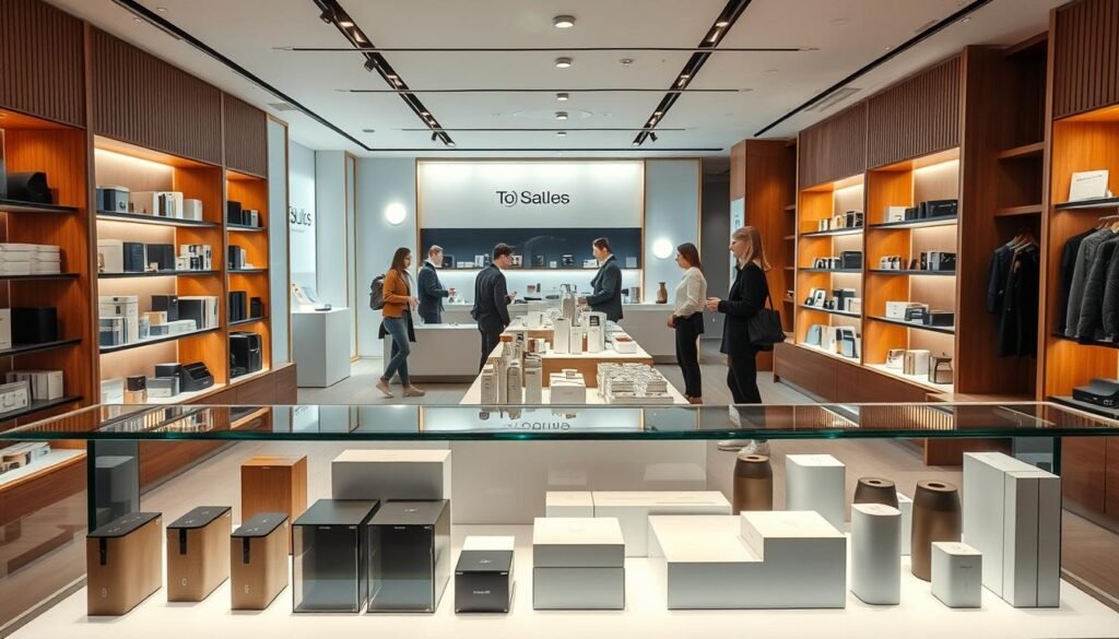 A strategic product sales display set in a warm, inviting retail environment. In the foreground, various products are elegantly arranged on sleek, minimalist shelves, highlighting their features and design. The middle ground showcases a team of sales associates, dressed in professional attire, engaging with customers and demonstrating the products. The background depicts a modern, well-lit store interior with clean lines, muted colors, and subtle branding elements that reinforce the brand's credibility and trustworthiness. Soft, directional lighting illuminates the scene, creating a sense of depth and highlighting the products' qualities. The overall atmosphere conveys a balance of professionalism, approachability, and a premium shopping experience. A strategic product sales display set in a warm, inviting retail environment. In the foreground, various products are elegantly arranged on sleek, minimalist shelves, highlighting their features and design. The middle ground showcases a team of sales associates, dressed in professional attire, engaging with customers and demonstrating the products. The background depicts a modern, well-lit store interior with clean lines, muted colors, and subtle branding elements that reinforce the brand's credibility and trustworthiness. Soft, directional lighting illuminates the scene, creating a sense of depth and highlighting the products' qualities. The overall atmosphere conveys a balance of professionalism, approachability, and a premium shopping experience.
