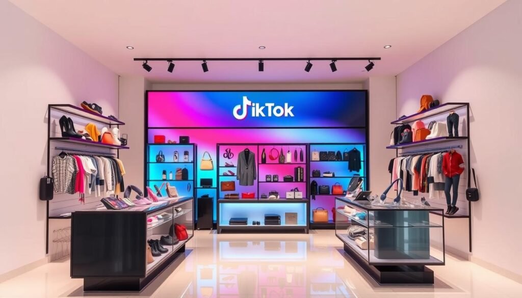 A vibrant TikTok shop set against a minimalist backdrop, showcasing an array of trending products. The foreground features a sleek, interactive display of various items, with a focus on lifestyle and fashion accessories. The middle ground captures the dynamic energy of the platform, with TikTok's signature gradient-hued interface and engaging visuals. The background is a clean, white space, allowing the products to take center stage and creating a sense of modern, streamlined elegance. The lighting is soft and diffused, casting a warm glow over the scene, while the camera angle offers a slightly elevated perspective, providing a comprehensive view of the shop's layout and offerings. The overall atmosphere exudes a sense of excitement, inviting the viewer to explore the potential of live shopping on TikTok. A vibrant TikTok shop set against a minimalist backdrop, showcasing an array of trending products. The foreground features a sleek, interactive display of various items, with a focus on lifestyle and fashion accessories. The middle ground captures the dynamic energy of the platform, with TikTok's signature gradient-hued interface and engaging visuals. The background is a clean, white space, allowing the products to take center stage and creating a sense of modern, streamlined elegance. The lighting is soft and diffused, casting a warm glow over the scene, while the camera angle offers a slightly elevated perspective, providing a comprehensive view of the shop's layout and offerings. The overall atmosphere exudes a sense of excitement, inviting the viewer to explore the potential of live shopping on TikTok.