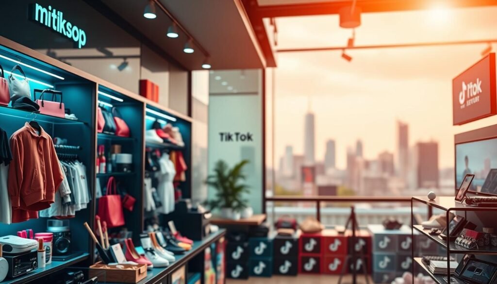 A vibrant and dynamic TikTok Shop, with a sleek and modern interface showcasing a diverse array of products. The foreground features carefully curated fashion items, beauty products, and electronics, arranged in an aesthetically pleasing grid layout. The middle ground is filled with colorful TikTok logos and icons, hinting at the platform's integration with the e-commerce experience. In the background, a blurred city skyline sets the scene, suggesting the seamless connection between online and offline retail. The lighting is warm and inviting, creating a sense of energy and excitement, reflecting the thriving TikTok ecosystem. The overall composition conveys the potential for small businesses to leverage the power of social commerce and live shopping to enhance their brand awareness and reach.