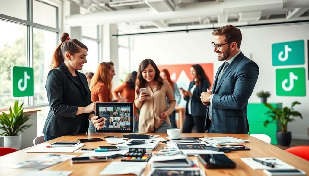 A vibrant and modern workspace showcasing a collaborative scene between a diverse group of creators and marketing professionals. In the foreground, two individuals (a woman in smart casual attire and a man in business attire) are engaged in a discussion while reviewing a tablet displaying TikTok content. In the middle ground, other creators are brainstorming around a large table cluttered with digital devices and marketing materials. The background features a bright, contemporary office space with TikTok logos subtly integrated into the decor. Natural light pours in through large windows, creating a warm and inviting atmosphere. The overall mood is energetic and professional, emphasizing collaboration and innovation in advertising strategies for small to medium enterprises. Expressive body language and animated facial expressions highlight enthusiasm for creative partnerships.
