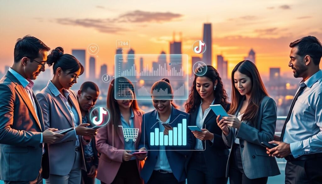 A vibrant, dynamic scene depicting engagement through AI and community interaction in a digital environment. In the foreground, a diverse group of professionals in smart business attire gather around sleek, modern devices, engaging with a glowing screen showcasing AI analytics and social media interactions. In the middle ground, digital icons of social commerce emerge, symbolizing live shopping on platforms like TikTok, with animated charts illustrating rising engagement metrics. The background features a futuristic city skyline tinged with sunset hues, reflecting innovation and connectivity. The lighting is warm and inviting, casting shadows for depth. The overall mood is energetic and collaborative, focusing on the synergy between technology and community for enhanced engagement and conversion. A vibrant, dynamic scene depicting engagement through AI and community interaction in a digital environment. In the foreground, a diverse group of professionals in smart business attire gather around sleek, modern devices, engaging with a glowing screen showcasing AI analytics and social media interactions. In the middle ground, digital icons of social commerce emerge, symbolizing live shopping on platforms like TikTok, with animated charts illustrating rising engagement metrics. The background features a futuristic city skyline tinged with sunset hues, reflecting innovation and connectivity. The lighting is warm and inviting, casting shadows for depth. The overall mood is energetic and collaborative, focusing on the synergy between technology and community for enhanced engagement and conversion.