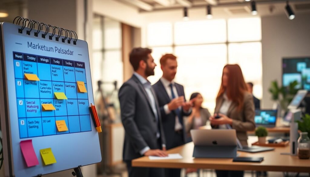 A vibrant marketing calendar concept illustrating "momentum pemasaran," featuring a sleek digital display with highlighted dates for special events. In the foreground, a stylized planner with colorful sticky notes and markers, conveying a sense of preparation and strategy. The middle ground includes diverse professionals in business attire, engaged in discussion around the calendar, exuding focus and collaboration. In the background, a tech-savvy workspace with modern devices like laptops and tablets displaying social media icons, symbolizing the integration of live shopping and social commerce. Soft, natural lighting illuminates the scene, creating an inviting and optimistic atmosphere, shot from a slightly elevated angle to capture the dynamic interactions.