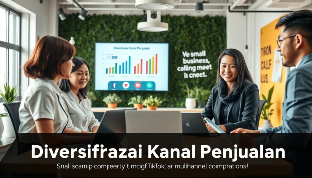 A vibrant, modern workspace illustrating "Diversifikasi Kanal Penjualan" in the context of small businesses thriving in the TikTok era. In the foreground, a diverse group of three professionals—two women and one man—dressed in smart casual attire, engaged in a strategy meeting, surrounded by laptops and digital devices showing various e-commerce platforms. The middle ground features a digital screen displaying graphs and social media icons representing multiple sales channels. In the background, a well-lit office environment with greenery and inspirational quotes fosters an atmosphere of innovation and collaboration. The lighting is bright and optimistic, captured with a wide-angle lens for a dynamic perspective, emphasizing the importance of multi-channel selling to mitigate risks.