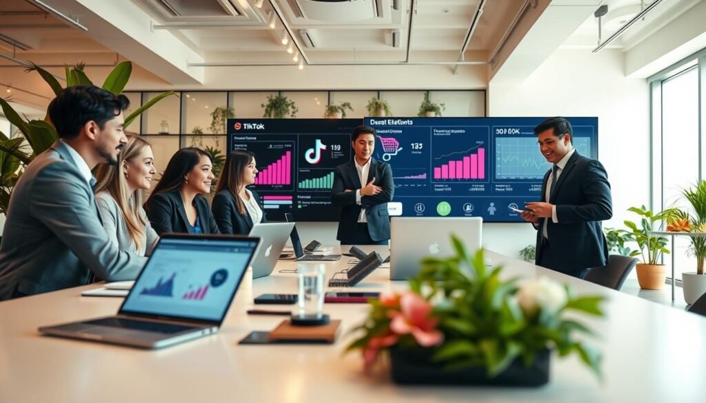 A vibrant, professional setting showcasing digital transformation in small and medium enterprises (UMKM). In the foreground, a diverse group of business professionals, dressed in modern business attire, collaborate around a sleek table equipped with laptops and digital devices. The middle ground features a large screen displaying analytics and social media metrics, with icons representing e-commerce platforms like TikTok. In the background, a bright office environment with plants and tech-infused decor symbolizes innovation and growth. The lighting is warm and inviting, casting a positive glow to signify opportunity. The angle captures the energy and teamwork of digitalization, creating an atmosphere of optimism and progress. A vibrant, professional setting showcasing digital transformation in small and medium enterprises (UMKM). In the foreground, a diverse group of business professionals, dressed in modern business attire, collaborate around a sleek table equipped with laptops and digital devices. The middle ground features a large screen displaying analytics and social media metrics, with icons representing e-commerce platforms like TikTok. In the background, a bright office environment with plants and tech-infused decor symbolizes innovation and growth. The lighting is warm and inviting, casting a positive glow to signify opportunity. The angle captures the energy and teamwork of digitalization, creating an atmosphere of optimism and progress.