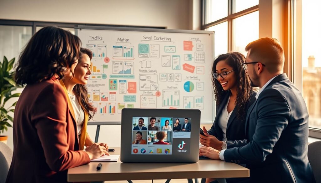 A vibrant scene depicting a digital marketing strategy session for small businesses on TikTok, showcasing diverse business professionals in smart casual attire engaged in brainstorming. In the foreground, a diverse group of three professionals—two women and one man—animatedly discussing their ideas around a laptop displaying TikTok's live shopping interface. The middle ground features a whiteboard filled with colorful charts and brainstorming notes about social commerce strategies. In the background, a modern office setting with large windows letting in warm, natural light, adding a sense of optimism and creativity. The atmosphere is dynamic and collaborative, emphasizing innovation and adaptability in digital marketing for small businesses. The composition should feel lively yet focused, capturing the essence of strategic digital growth. A vibrant scene depicting a digital marketing strategy session for small businesses on TikTok, showcasing diverse business professionals in smart casual attire engaged in brainstorming. In the foreground, a diverse group of three professionals—two women and one man—animatedly discussing their ideas around a laptop displaying TikTok's live shopping interface. The middle ground features a whiteboard filled with colorful charts and brainstorming notes about social commerce strategies. In the background, a modern office setting with large windows letting in warm, natural light, adding a sense of optimism and creativity. The atmosphere is dynamic and collaborative, emphasizing innovation and adaptability in digital marketing for small businesses. The composition should feel lively yet focused, capturing the essence of strategic digital growth.