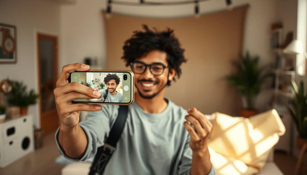 A vibrant scene of authentic content creation unfolds. In the foreground, a young entrepreneur, passionately engaged with their smartphone, captures a candid moment. The middle ground showcases a cozy, well-lit studio space, with minimal decor that exudes a sense of intimacy and transparency. The background features a subtly blurred, natural backdrop, hinting at the real-world inspiration that fuels this authentic content. Soft, diffused lighting bathes the scene, creating a warm, inviting atmosphere that draws the viewer in. The composition emphasizes the centrality of the content creator, their genuine connection with their audience, and the authenticity that defines their approach to marketing.