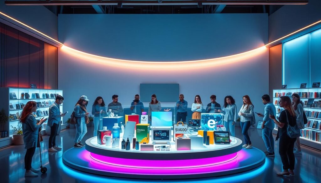 A vibrant, visually engaging live shopping scene set against a modern, minimalist backdrop. The main focus is a circular platform with a dynamic display of various products, showcasing their features and benefits. The foreground features a diverse group of engaged, enthusiastic shoppers interacting with the products, while the background depicts a sleek, tech-inspired environment with subtle ambient lighting and clean lines, conveying a sense of sophistication and efficiency. The overall composition emphasizes the seamless integration of technology, product presentation, and human connection, capturing the essence of strategic content planning for a successful live shopping experience.