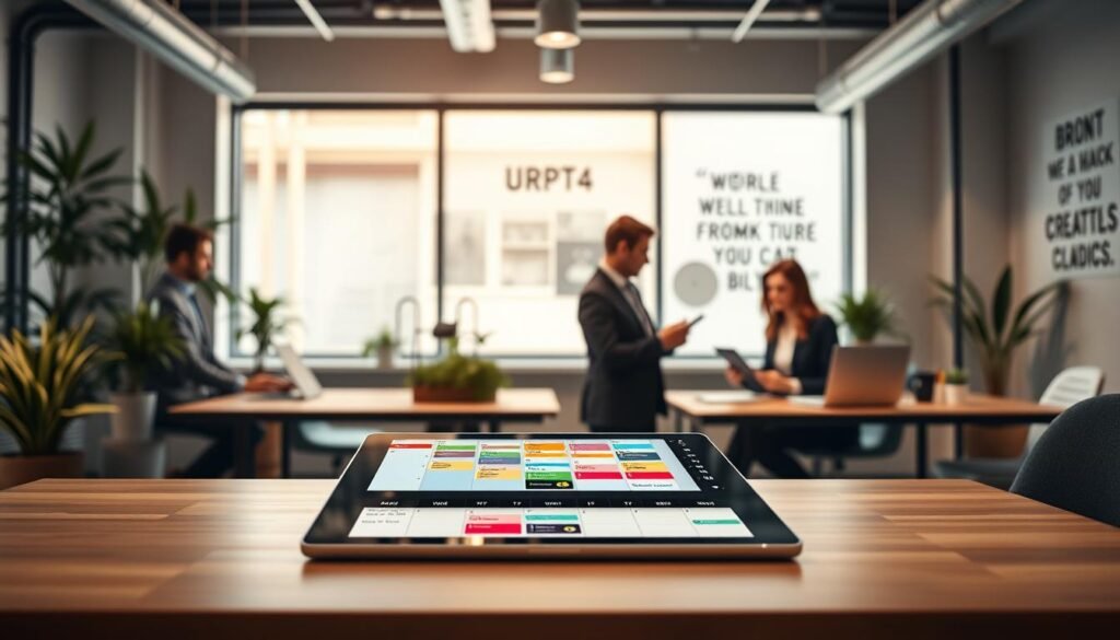 A visually engaging scene depicting an effective content calendar for small and medium-sized enterprises (UMKM) set against a modern workspace backdrop. In the foreground, a sleek, organized desk with a large digital calendar displayed on a tablet, showcasing vibrant colors and well-structured dates. In the middle ground, a diverse group of professionals in business attire, actively discussing strategies over notes and laptops, embodying collaboration and innovation. The background features a bright, light-filled office with plants, creative decor, and motivational quotes on the walls, creating an inviting atmosphere. The lighting should be warm and natural, enhancing the productive vibe. The overall mood is dynamic and inspiring, reflecting the transformation of UMKM in the digital commerce landscape.