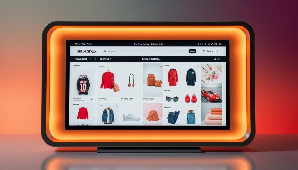 A well-organized TikTok Shop product catalog displayed on a modern, minimalist digital screen. Vibrant product images positioned neatly in a grid layout, showcasing a variety of apparel, accessories, and home goods. Warm, diffused lighting accentuates the clean, professional aesthetic. The screen is surrounded by a sleek, brushed metal frame, creating a sense of high-end digital presentation. In the background, a soft, blurred gradient of complementary colors sets a visually appealing and on-brand tone. The overall scene conveys a polished, optimized e-commerce experience tailored for the TikTok platform.