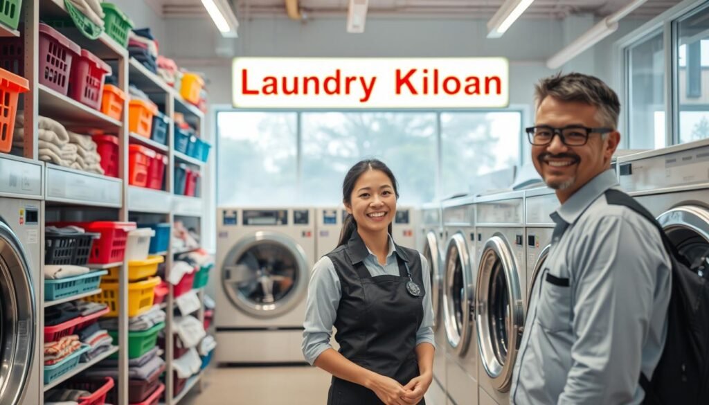 A bustling laundry shop interior featuring neatly organized shelves filled with colorful laundry baskets and freshly laundered clothes. In the foreground, a friendly employee in a smart uniform is interacting with a satisfied customer, both smiling. In the middle, industrial washing machines and dryers are visible, showcasing the laundry process with steam gently rising. The background reveals well-lit signage displaying "Laundry Kiloan" with clear branding. The atmosphere is vibrant and welcoming, with natural light streaming through large windows. The image captures a sense of professionalism and trust, reflecting the concept of a successful laundry business that offers convenient kilo-based services. The scene is shot at eye-level, emphasizing engagement and customer satisfaction. A bustling laundry shop interior featuring neatly organized shelves filled with colorful laundry baskets and freshly laundered clothes. In the foreground, a friendly employee in a smart uniform is interacting with a satisfied customer, both smiling. In the middle, industrial washing machines and dryers are visible, showcasing the laundry process with steam gently rising. The background reveals well-lit signage displaying "Laundry Kiloan" with clear branding. The atmosphere is vibrant and welcoming, with natural light streaming through large windows. The image captures a sense of professionalism and trust, reflecting the concept of a successful laundry business that offers convenient kilo-based services. The scene is shot at eye-level, emphasizing engagement and customer satisfaction.