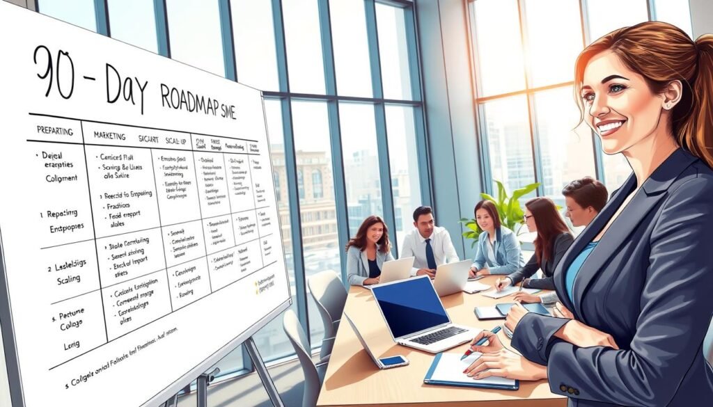 A detailed, vibrant illustration of a "90-Day Roadmap for SMEs" displayed on a large whiteboard in a modern office setting. In the foreground, a confident businesswoman in professional attire is pointing to the roadmap with a marker, showcasing key milestones including preparation, marketing, and scaling-up phases. In the middle ground, a diverse group of people engaged in discussion, some taking notes, with laptops and digital devices on the conference table. The background features large windows with natural daylight streaming in, creating an inspiring and productive atmosphere. The overall mood is energetic, focused, and collaborative, capturing the essence of a strategic planning session. Use bright, clear lighting and a wide-angle perspective to emphasize the dynamic environment. A detailed, vibrant illustration of a "90-Day Roadmap for SMEs" displayed on a large whiteboard in a modern office setting. In the foreground, a confident businesswoman in professional attire is pointing to the roadmap with a marker, showcasing key milestones including preparation, marketing, and scaling-up phases. In the middle ground, a diverse group of people engaged in discussion, some taking notes, with laptops and digital devices on the conference table. The background features large windows with natural daylight streaming in, creating an inspiring and productive atmosphere. The overall mood is energetic, focused, and collaborative, capturing the essence of a strategic planning session. Use bright, clear lighting and a wide-angle perspective to emphasize the dynamic environment.
