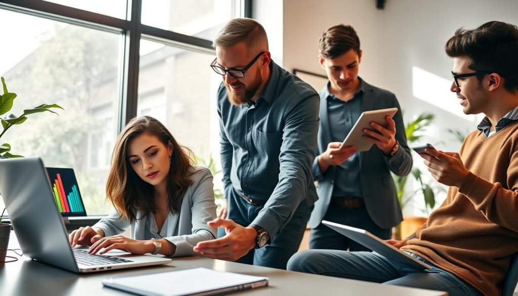 A dynamic and engaging office scene showcasing a diverse group of three professionals brainstorming TikTok content strategies. In the foreground, a young woman with a laptop is typing, with a clear focus on social media metrics displayed on the screen. Next to her, a middle-aged man points at a colorful chart showing engagement growth, while a young man notes ideas on a tablet. The background features a large window with natural light streaming in, creating a vibrant atmosphere, while plants add a touch of greenery. The overall mood is collaborative and innovative, capturing the essence of building a brand through trending social media tactics. Use a warm color palette to convey a sense of creativity and professionalism. A dynamic and engaging office scene showcasing a diverse group of three professionals brainstorming TikTok content strategies. In the foreground, a young woman with a laptop is typing, with a clear focus on social media metrics displayed on the screen. Next to her, a middle-aged man points at a colorful chart showing engagement growth, while a young man notes ideas on a tablet. The background features a large window with natural light streaming in, creating a vibrant atmosphere, while plants add a touch of greenery. The overall mood is collaborative and innovative, capturing the essence of building a brand through trending social media tactics. Use a warm color palette to convey a sense of creativity and professionalism.