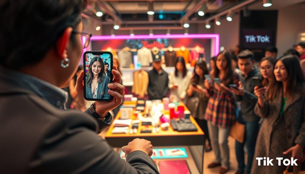 A dynamic live shopping scene on TikTok, featuring a stylish host in professional attire enthusiastically presenting products through a smartphone camera. In the foreground, the host engages with viewers, showcasing trendy merchandise like clothing, beauty products, and gadgets. The middle ground reveals an array of neatly arranged products on a vibrant display table, surrounded by colorful lighting to create an inviting atmosphere. In the background, we see a group of diverse, engaged viewers watching on their devices, showcasing the popularity of social commerce. Capture the energy and excitement of live shopping, with warm lighting to evoke a sense of community and connection. Use a slightly angled perspective to enhance engagement, emphasizing the interaction between the host and the online audience.