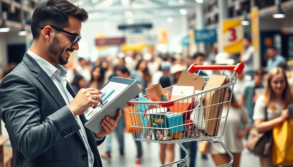 A modern, dynamic e-commerce scene showcasing price flexibility and business models for local brands. The foreground features a professional-looking person in business attire, analyzing graphs and charts on a digital tablet, symbolizing data on pricing strategies. In the middle, a stylish shopping cart filled with various products representing a wide range of price points. The background displays a vibrant marketplace bustling with diverse shoppers, highlighting the active nature of e-commerce. Soft, natural lighting illuminates the scene, creating an engaging and optimistic atmosphere. A wide-angle perspective captures the bustling environment, reinforcing the competitive and adaptive nature of e-commerce pricing. A modern, dynamic e-commerce scene showcasing price flexibility and business models for local brands. The foreground features a professional-looking person in business attire, analyzing graphs and charts on a digital tablet, symbolizing data on pricing strategies. In the middle, a stylish shopping cart filled with various products representing a wide range of price points. The background displays a vibrant marketplace bustling with diverse shoppers, highlighting the active nature of e-commerce. Soft, natural lighting illuminates the scene, creating an engaging and optimistic atmosphere. A wide-angle perspective captures the bustling environment, reinforcing the competitive and adaptive nature of e-commerce pricing.