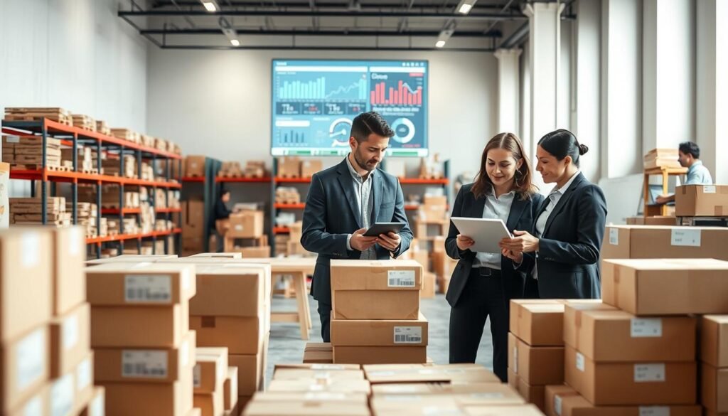 A modern office environment showcasing "post-live shopping logistics management." In the foreground, a diverse team of three professionals in business attire discusses inventory data on a tablet, surrounded by stacks of neatly organized boxes labeled for shipping. In the middle, a sophisticated digital screen displays live analytics and inventory levels, while shelves stocked with products are visible. The background shows a warehouse area with workers efficiently packing orders. Soft, natural lighting illuminates the scene, creating a productive and focused atmosphere. The angle captures the collaborative spirit of the team while highlighting the importance of inventory management in a thriving e-commerce business.