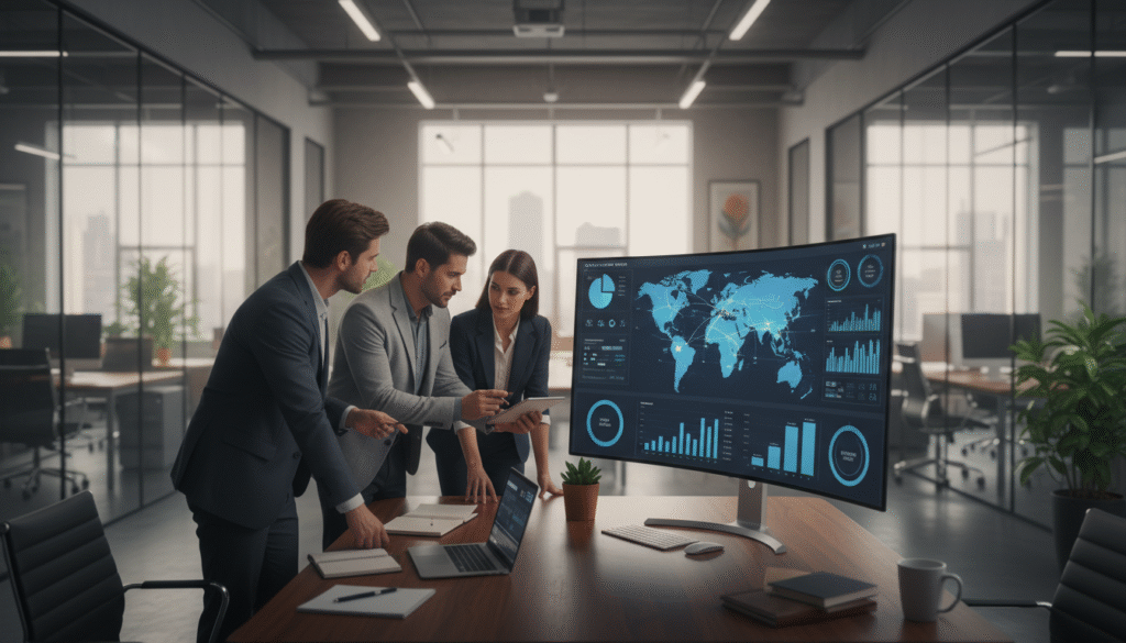 A professional business setting depicting a customer loyalty order management system. In the foreground, show a diverse group of employees dressed in smart business attire, actively discussing order details at a modern, sleek desk with a computer and notepads. In the middle, include a large screen displaying colorful charts and graphs illustrating customer orders and engagement metrics. The background should feature a stylish office environment with large windows allowing natural light to flood in, creating a warm and inviting atmosphere. The mood should convey collaboration and efficiency, emphasizing the importance of building relationships with customers through personalized service. Use soft, diffused lighting to enhance the professional ambiance.