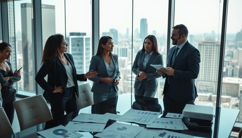 A thoughtful business meeting scene in a contemporary office setting, showcasing a diverse group of professionals engaged in discussion. In the foreground, a confident woman in a tailored business suit gestures as she shares a successful business strategy. Beside her, a man in smart casual attire takes notes, reflecting an atmosphere of collaboration. In the middle, a sleek conference table is strewn with graphs and market analysis reports, symbolizing learning from past failures. In the background, large windows reveal a bustling cityscape under bright, optimistic lighting, signifying hope and opportunity. The mood is inspiring and motivational, encapsulating valuable business lessons learned from trial and error. High-resolution, shot at a 35mm angle to emphasize depth and focus on the engaged interaction. A thoughtful business meeting scene in a contemporary office setting, showcasing a diverse group of professionals engaged in discussion. In the foreground, a confident woman in a tailored business suit gestures as she shares a successful business strategy. Beside her, a man in smart casual attire takes notes, reflecting an atmosphere of collaboration. In the middle, a sleek conference table is strewn with graphs and market analysis reports, symbolizing learning from past failures. In the background, large windows reveal a bustling cityscape under bright, optimistic lighting, signifying hope and opportunity. The mood is inspiring and motivational, encapsulating valuable business lessons learned from trial and error. High-resolution, shot at a 35mm angle to emphasize depth and focus on the engaged interaction.