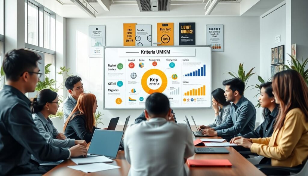 A vibrant and informative scene illustrating the concept of "Kriteria UMKM Indonesia." In the foreground, a diverse group of entrepreneurs, dressed in professional business attire, engage in a brainstorming session around a modern table filled with laptops and documents related to their small businesses. In the middle ground, a large, colorful infographic showcases key criteria for UMKM, with icons and graphs on a whiteboard, reflecting themes of growth and strategy. The background features a bright, minimalist office space with plants and motivational posters, giving an energetic feel. Soft, natural lighting pours in from large windows, creating an inspiring and collaborative atmosphere, emphasizing the spirit of innovation and teamwork essential for success on platforms like TikTok. A vibrant and informative scene illustrating the concept of "Kriteria UMKM Indonesia." In the foreground, a diverse group of entrepreneurs, dressed in professional business attire, engage in a brainstorming session around a modern table filled with laptops and documents related to their small businesses. In the middle ground, a large, colorful infographic showcases key criteria for UMKM, with icons and graphs on a whiteboard, reflecting themes of growth and strategy. The background features a bright, minimalist office space with plants and motivational posters, giving an energetic feel. Soft, natural lighting pours in from large windows, creating an inspiring and collaborative atmosphere, emphasizing the spirit of innovation and teamwork essential for success on platforms like TikTok.