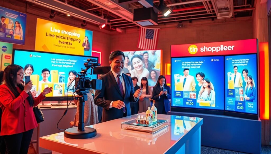 A vibrant scene depicting a live shopping event focused on effective strategies for small and medium enterprises (UMKM) on TikTok. In the foreground, a confident presenter in professional business attire is engaging with a camera, showcasing products on a sleek table. The middle ground features captivated viewers on screens, with expressions of interest and excitement as they interact through their devices. The background is illuminated with dynamic lighting, highlighting colorful banners of products and promotional graphics, creating an energetic atmosphere. Use a wide-angle lens to capture the entire setting, blending warm and inviting tones, emphasizing a sense of community and innovation in social commerce. The overall mood is lively and professional, reflecting a successful live shopping experience.
