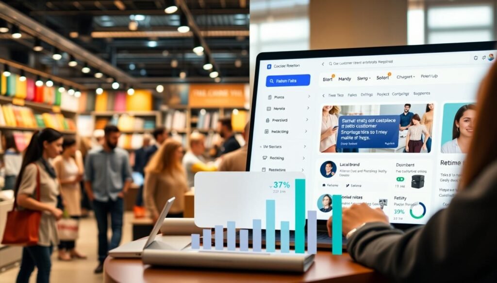 A visually engaging comparison of customer retention in e-commerce, showcasing a split scene. On the left, a professional-looking e-commerce marketplace environment with diverse shoppers, laptops, and colorful product displays emphasizing a bustling online shopping atmosphere. On the right, a local brand's dedicated website interface, featuring a clean design, smooth navigation, and a customer support chat bubble. In the foreground, graphs and statistics subtly represent retention rates, blending into the environment. Soft, warm lighting illuminates both sides, creating an inviting atmosphere. Use a shallow depth of field to enhance focus on the key elements, capturing a dynamic angle that allows viewers to feel involved in both experiences. The overall mood should be informative yet approachable, highlighting the significance of customer retention strategies. A visually engaging comparison of customer retention in e-commerce, showcasing a split scene. On the left, a professional-looking e-commerce marketplace environment with diverse shoppers, laptops, and colorful product displays emphasizing a bustling online shopping atmosphere. On the right, a local brand's dedicated website interface, featuring a clean design, smooth navigation, and a customer support chat bubble. In the foreground, graphs and statistics subtly represent retention rates, blending into the environment. Soft, warm lighting illuminates both sides, creating an inviting atmosphere. Use a shallow depth of field to enhance focus on the key elements, capturing a dynamic angle that allows viewers to feel involved in both experiences. The overall mood should be informative yet approachable, highlighting the significance of customer retention strategies.