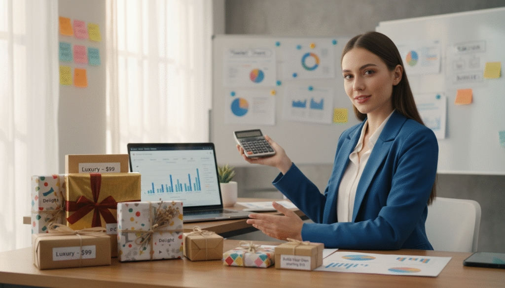 A visually engaging scene depicting competitive pricing strategy for custom parcels. In the foreground, an elegantly arranged table features a variety of beautifully designed gift parcels, showcasing different price points and attractive decorative elements. The middle ground displays a professional, business-attired woman holding a calculator and reviewing sales data on a laptop, exuding confidence and focus. In the background, a soft-lit office environment with charts and graphs on the walls symbolizes strategic planning and market analysis. The overall mood is analytical yet inviting, illuminated by warm, natural light from large windows, creating a productive atmosphere for seasonal business success.