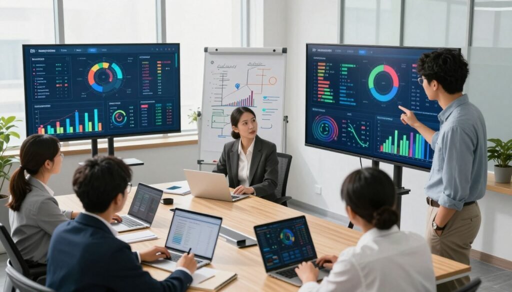A modern office setting showcasing a collaborative team analyzing data on large screens. In the foreground, two professionals in business attire are discussing insights from colorful data visualizations, surrounded by graphs and charts. The middle ground features a sleek conference table with laptops and notepads scattered around, while a whiteboard filled with optimization strategies takes center stage. Background elements include bright windows letting in natural light, creating a vibrant atmosphere. The mood is one of focused determination and innovation, emphasizing a culture of continuous improvement in content marketing strategies. The image is taken from a slightly elevated angle to capture the teamwork dynamic, with a warm color palette to enhance engagement and professionalism. A modern office setting showcasing a collaborative team analyzing data on large screens. In the foreground, two professionals in business attire are discussing insights from colorful data visualizations, surrounded by graphs and charts. The middle ground features a sleek conference table with laptops and notepads scattered around, while a whiteboard filled with optimization strategies takes center stage. Background elements include bright windows letting in natural light, creating a vibrant atmosphere. The mood is one of focused determination and innovation, emphasizing a culture of continuous improvement in content marketing strategies. The image is taken from a slightly elevated angle to capture the teamwork dynamic, with a warm color palette to enhance engagement and professionalism.