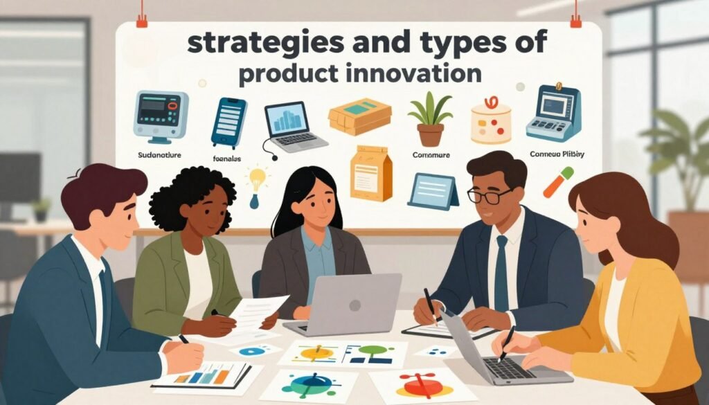 A vibrant and engaging illustration representing "strategies and types of product innovation." In the foreground, depict a diverse team of four professionals in business attire, collaborating over a table filled with colorful product prototypes and charts. The middle ground features various innovative products like high-tech gadgets, sustainable packaging, and unique consumer goods, each designed to showcase different types of innovation. In the background, a modern office environment with large windows allows natural light to illuminate the scene, creating an inspiring atmosphere. Capture a sense of dynamic collaboration and creativity, with soft focus on the background to emphasize the team and their innovative ideas. Use a warm color palette to evoke optimism and forward-thinking.